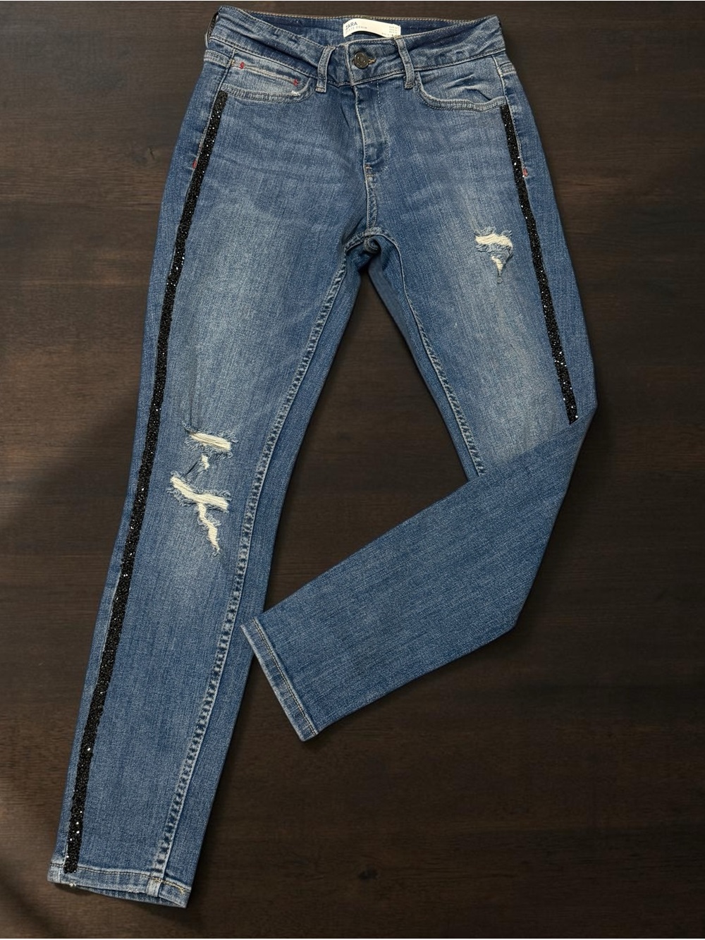 Zara Z1975 Distressed Jeans with Black Sequin Side Stripes